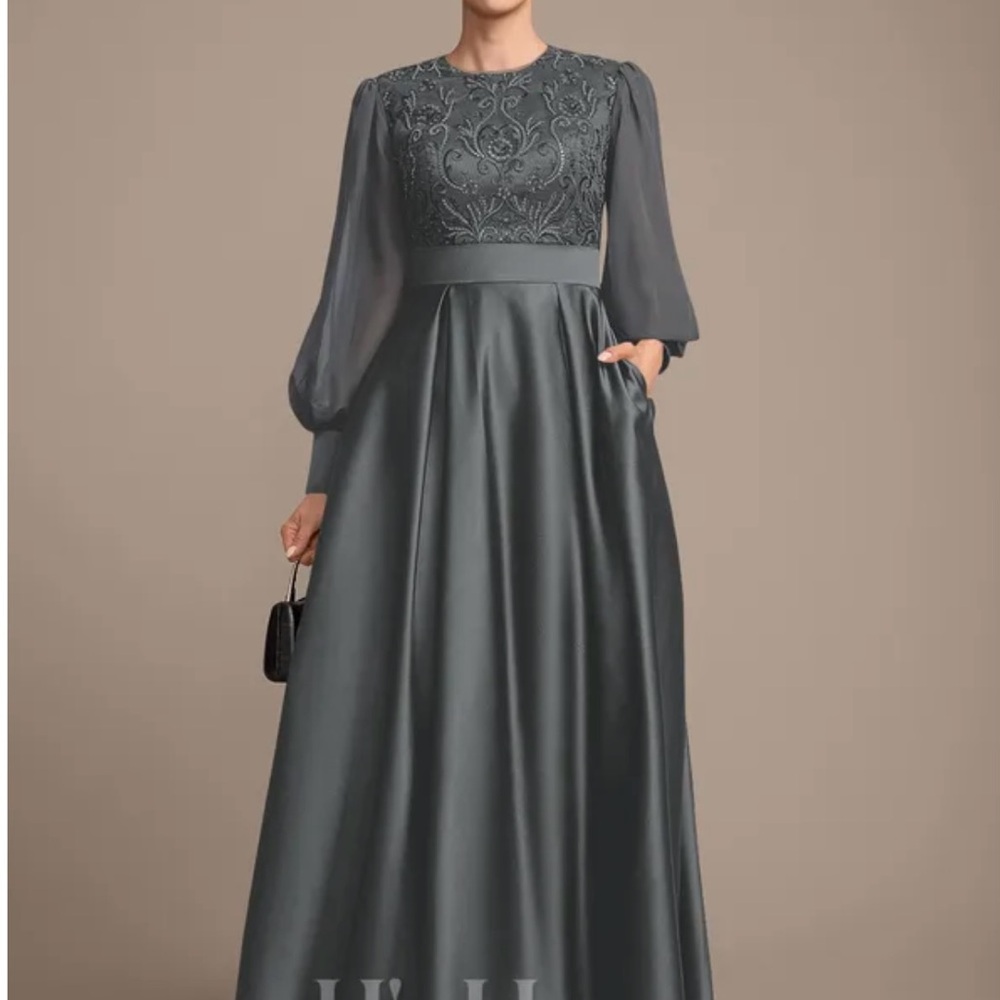 JJ's House Steel Grey A-line Sequins Embroidered Satin Formal Dress Size 18